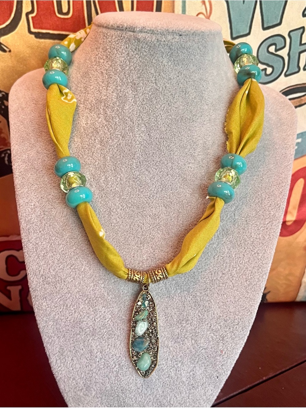Turquoise Bead & Chartreuse Fabric Pendant Necklace